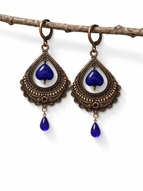 Elegant Antique Bronze Earring  Blue Teardrop Earrings | Handmade Dangle Jewelry